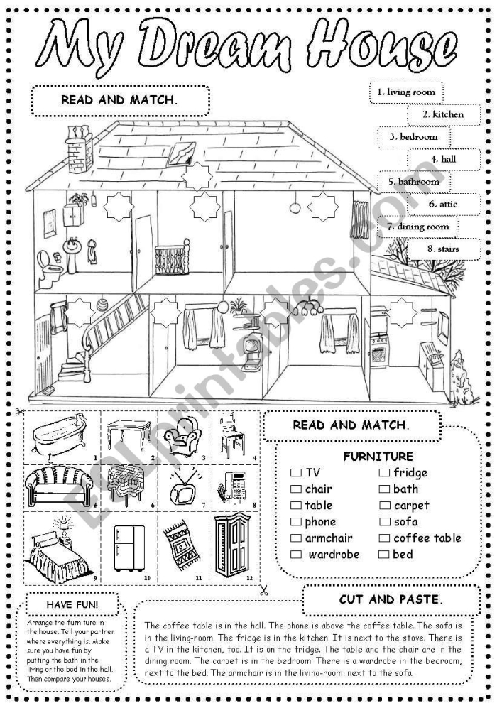 Kindergarten worksheet featuring various furniture cutouts for designing a dream bedroom