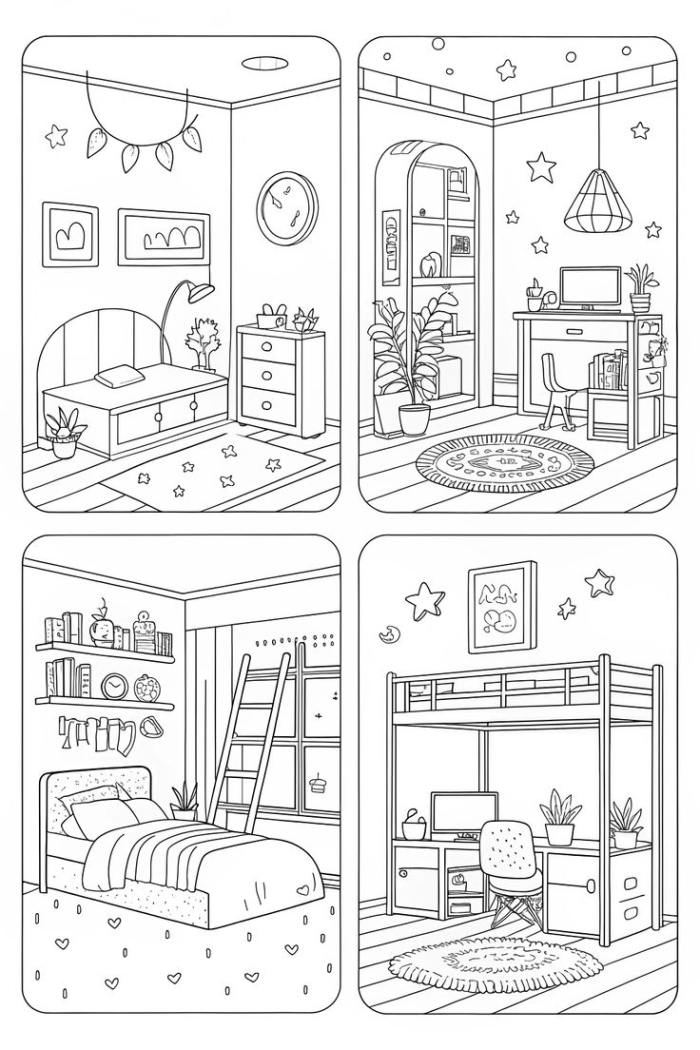 A kindergarten student using scissors to cut out illustrations of furniture for a dream bedroom project