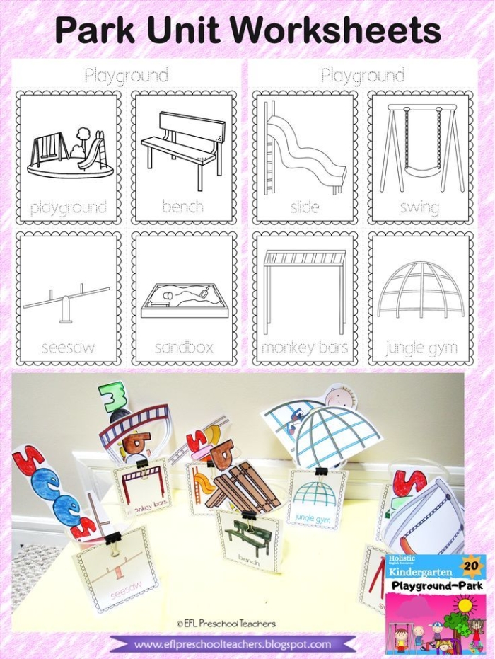 Child designing a dream playground on a worksheet with cut-and-paste activities