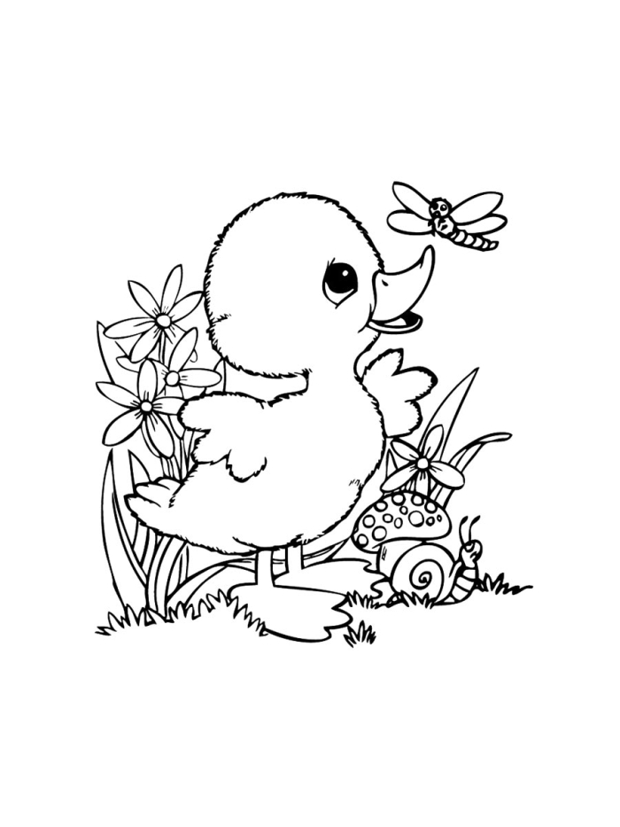 Sleepy Duckling Coloring Worksheet for Kindergarten Figurative Language Practice A cute baby duckling stretching after waking up from naptime, ready to be colored in for a springtime activity