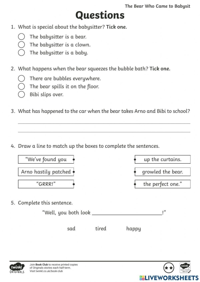 Kindergarten students reading a poem about a furry bear and answering comprehension questions