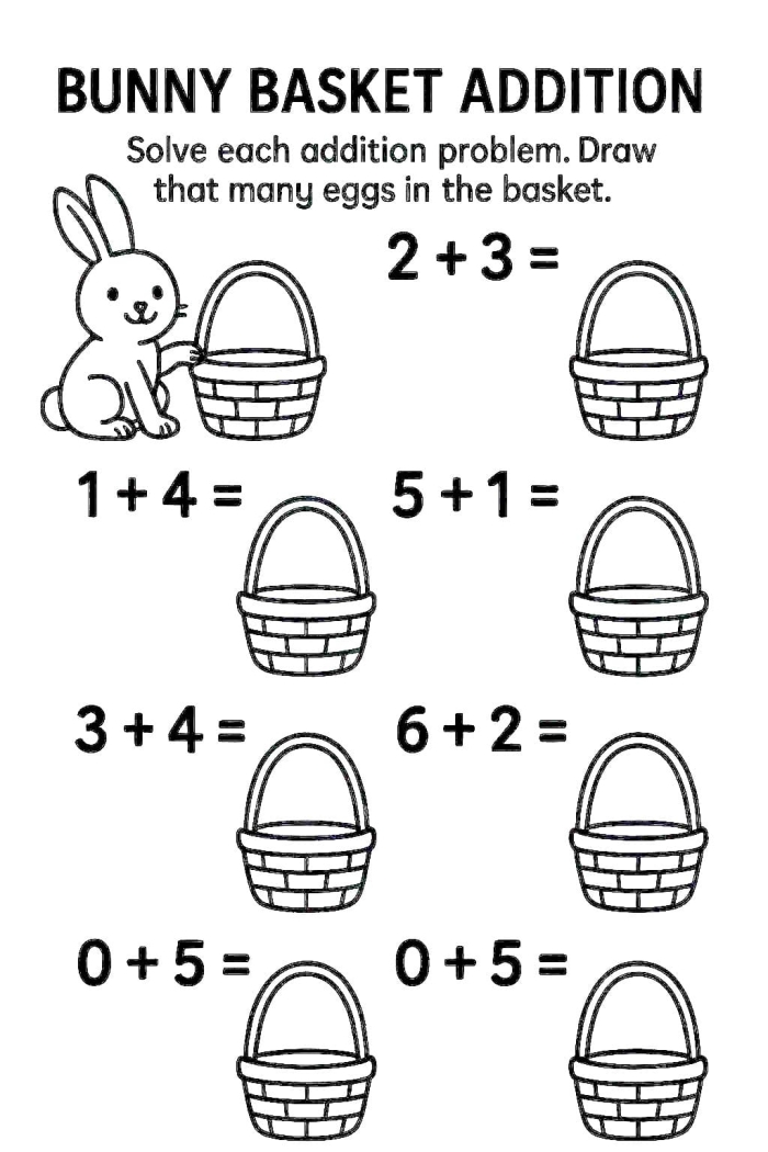 Easter Math Egg Basket Addition Worksheet 14 Kindergarten student solving Easter math addition problems with egg basket visual aids