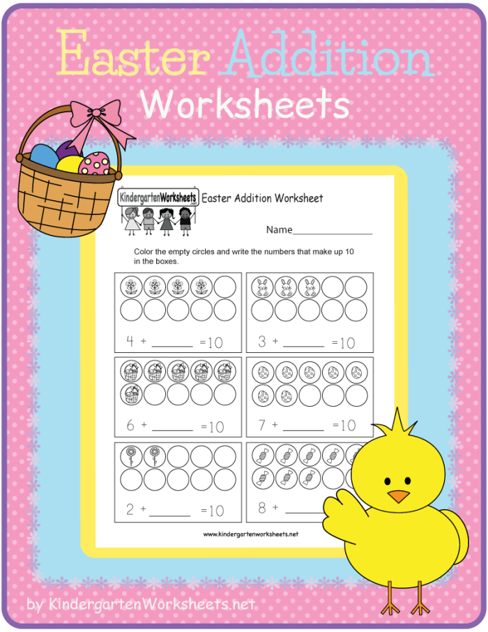 Kindergarten student solving Easter addition problems using illustrated picture equations