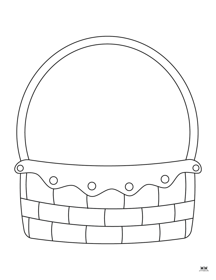 Coloring page featuring an Easter basket and three decorative eggs for kids. Color the Easter Basket worksheet for Kindergarten life science fun.