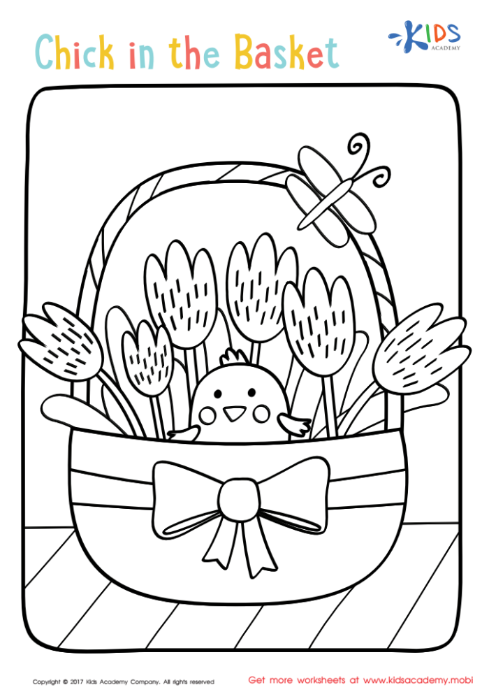 Coloring page featuring an Easter basket surrounded by three decorative eggs for kids to color. Fun Color the Easter Basket worksheet for Kindergarten students.