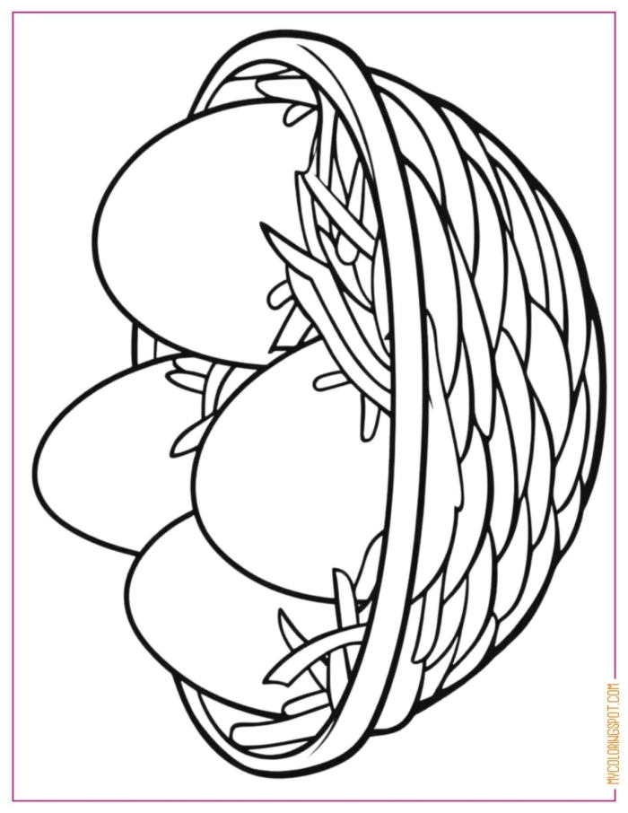 Coloring page featuring an Easter basket with three colorful eggs for children to decorate