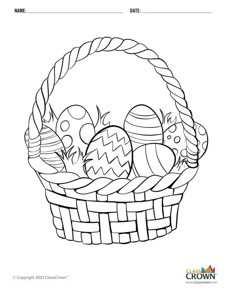 Kindergarten student coloring page featuring an Easter basket with three decorated eggs