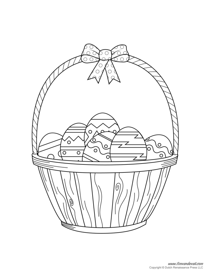 Coloring page featuring an Easter basket alongside three decorative eggs for children to color. Fun and engaging Easter Basket worksheet for kindergarten kids.