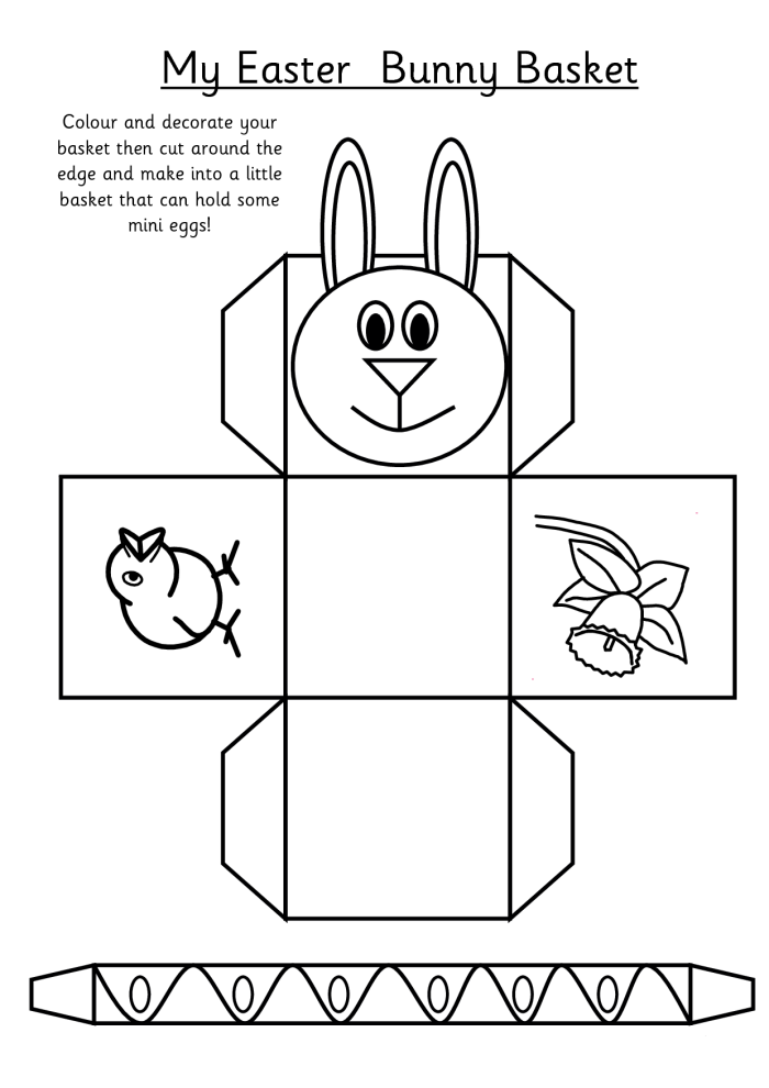 Kindergarten student coloring a festive Easter basket with three decorated eggs worksheet