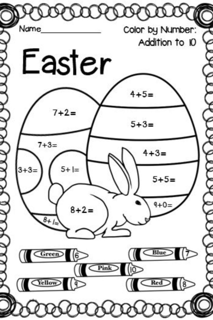 Kindergarten worksheet featuring Easter bunny pictures for basic addition practice number twenty-three