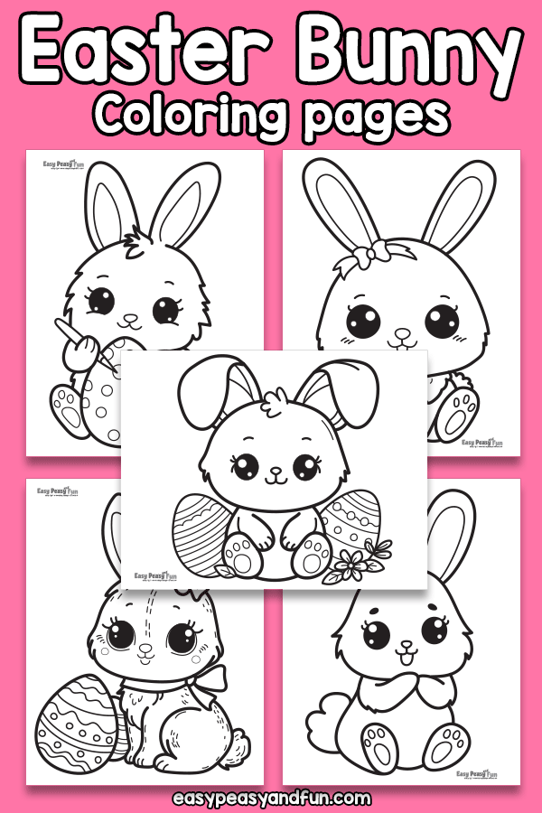 Easter Bunny peeking behind a colorful egg on a kindergarten coloring worksheet