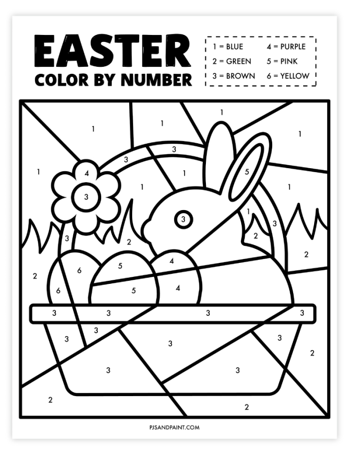 Easter Bunny Color By Number Activity for Early Learners A kindergarten student coloring a bouncing bunny surrounded by Easter eggs using numbers as color guides