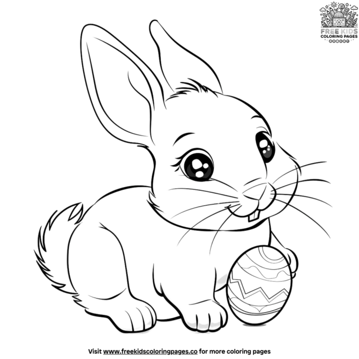 Easter Bunny peeking behind a large decorated egg on a kindergarten coloring worksheet