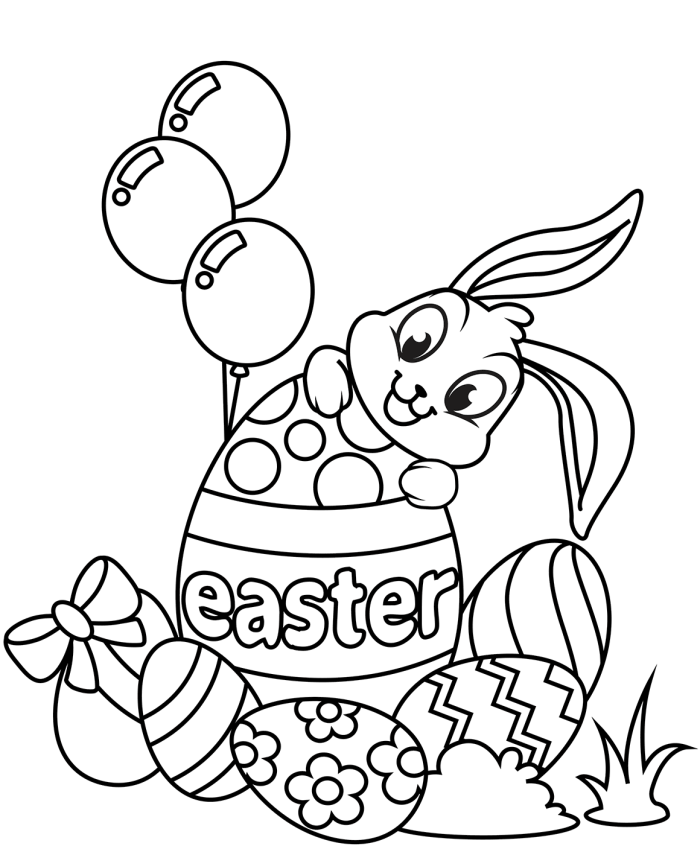 Kindergarten coloring worksheet featuring a cute Easter Bunny peeking out from behind a large decorated egg