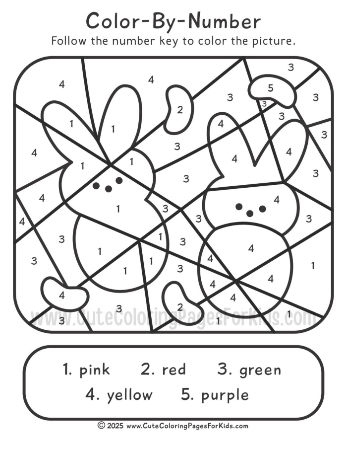 Easter Bunny Egg Hunt Color By Number Activity for Young Learners A kindergarten student colors a bouncing bunny with Easter eggs using number recognition clues on a color by number worksheet