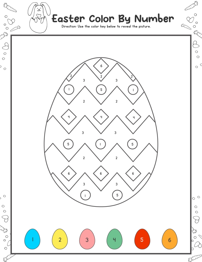 Easter Color By Number Page Worksheet 24 Kindergarten Easter color by number worksheet featuring a bunny hiding eggs