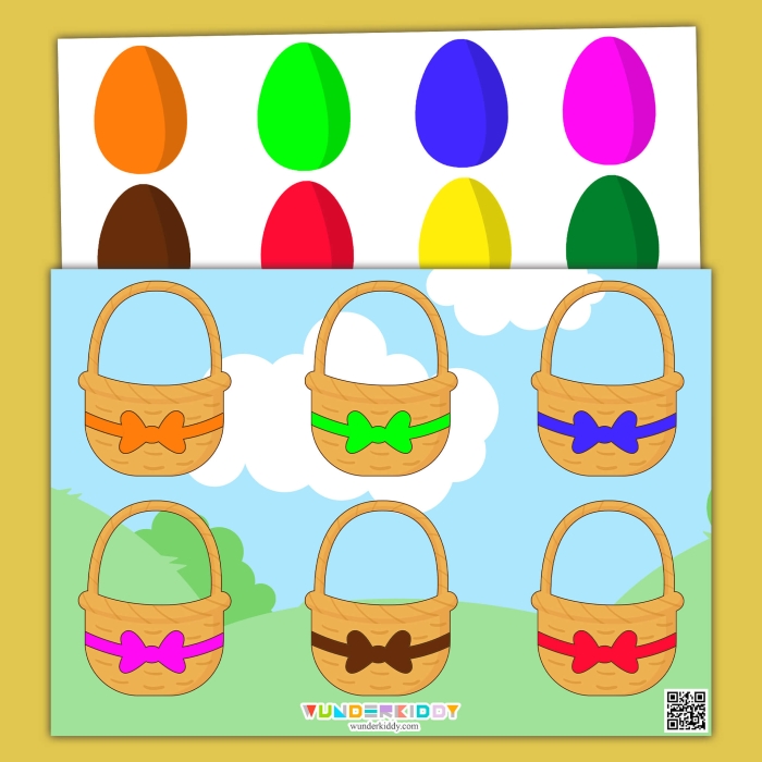 Kindergarten student coloring a festive Easter basket and three decorated eggs for a science lesson