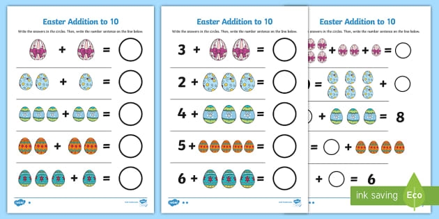 Easter Picture Addition worksheet featuring the Easter bunny and colorful eggs