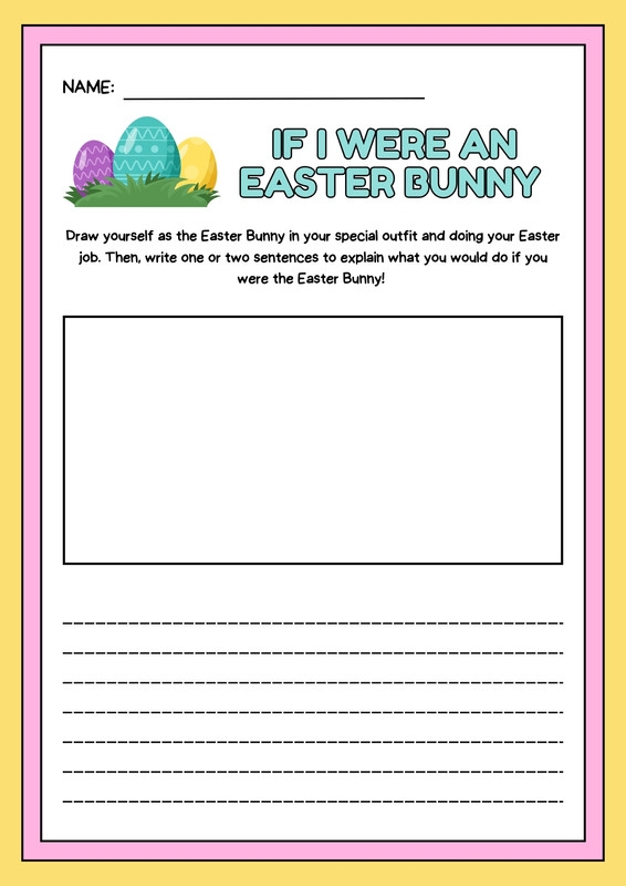 A kindergarten student drawing an Easter-themed picture with space to write about their creation below
