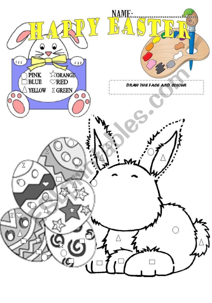 A kindergarten student's Easter drawing worksheet with space for a picture and lines below for writing about their artwork