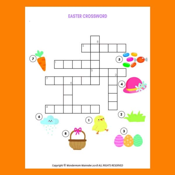 Kindergarten student completing an educational Easter crossword puzzle worksheet