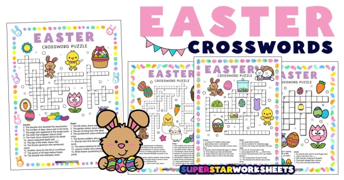 Kindergarten student filling out a colorful Easter crossword puzzle worksheet with festive bunny illustrations