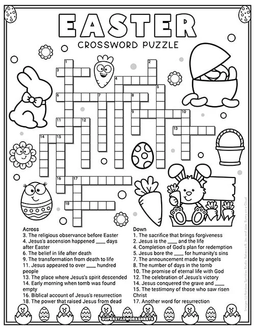 Easter crossword puzzle worksheet for kindergarten kids featuring colorful images and simple clues