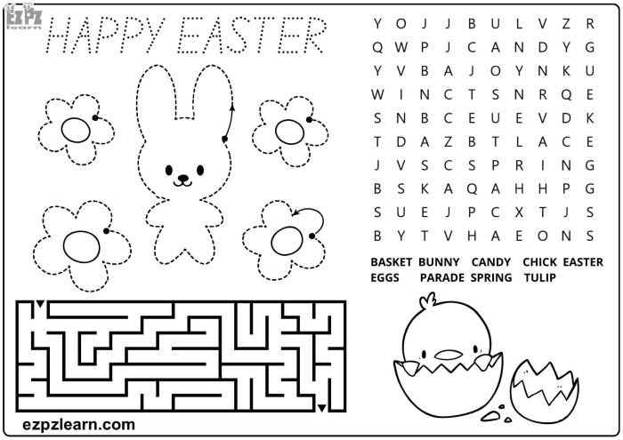 Kindergarten student filling out a colorful Easter crossword puzzle worksheet