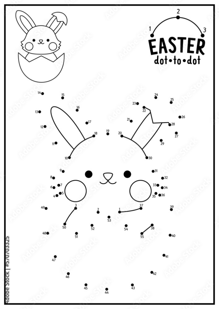 Engaging dot-to-dot activity for young learners to practice counting and alphabet skills Happy Easter Dot-to-Dot worksheet for kindergarten students to discover the Easter basket contents