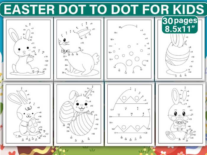 Engaging counting activity for kids to reveal a festive picture in image 15 Happy Easter Dot-to-Dot worksheet for kindergarteners featuring an Easter basket surprise