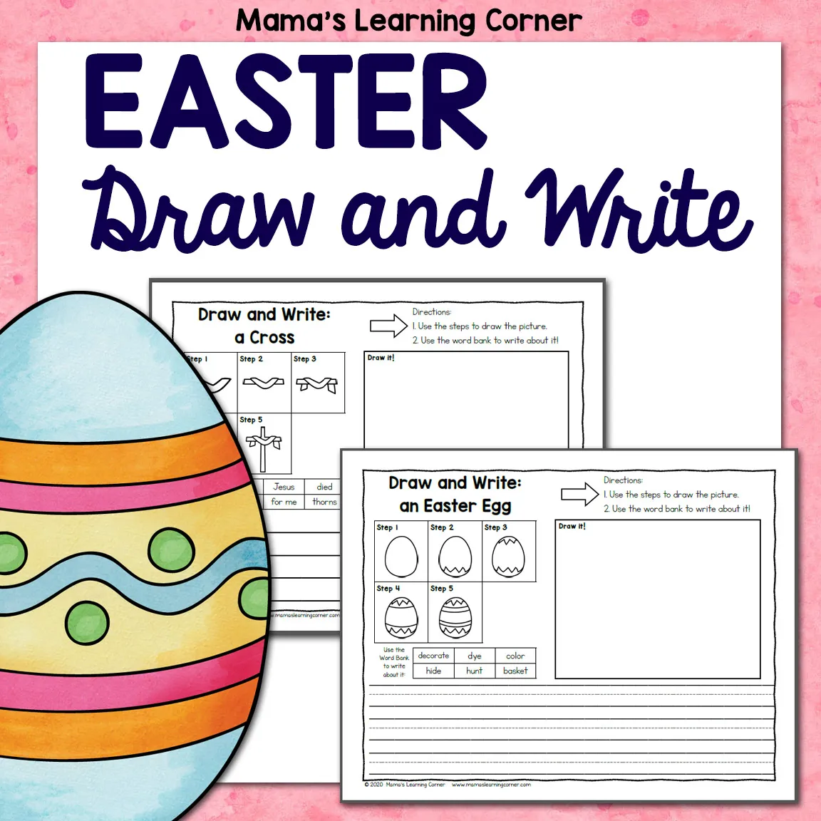 A kindergarten student drawing an Easter-themed picture with space to write a description below