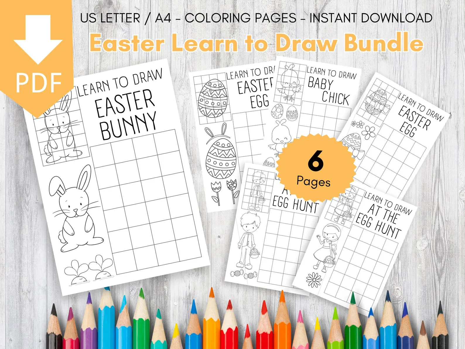 Kindergarten student using a Draw an Easter Picture worksheet to sketch a bunny and practice writing