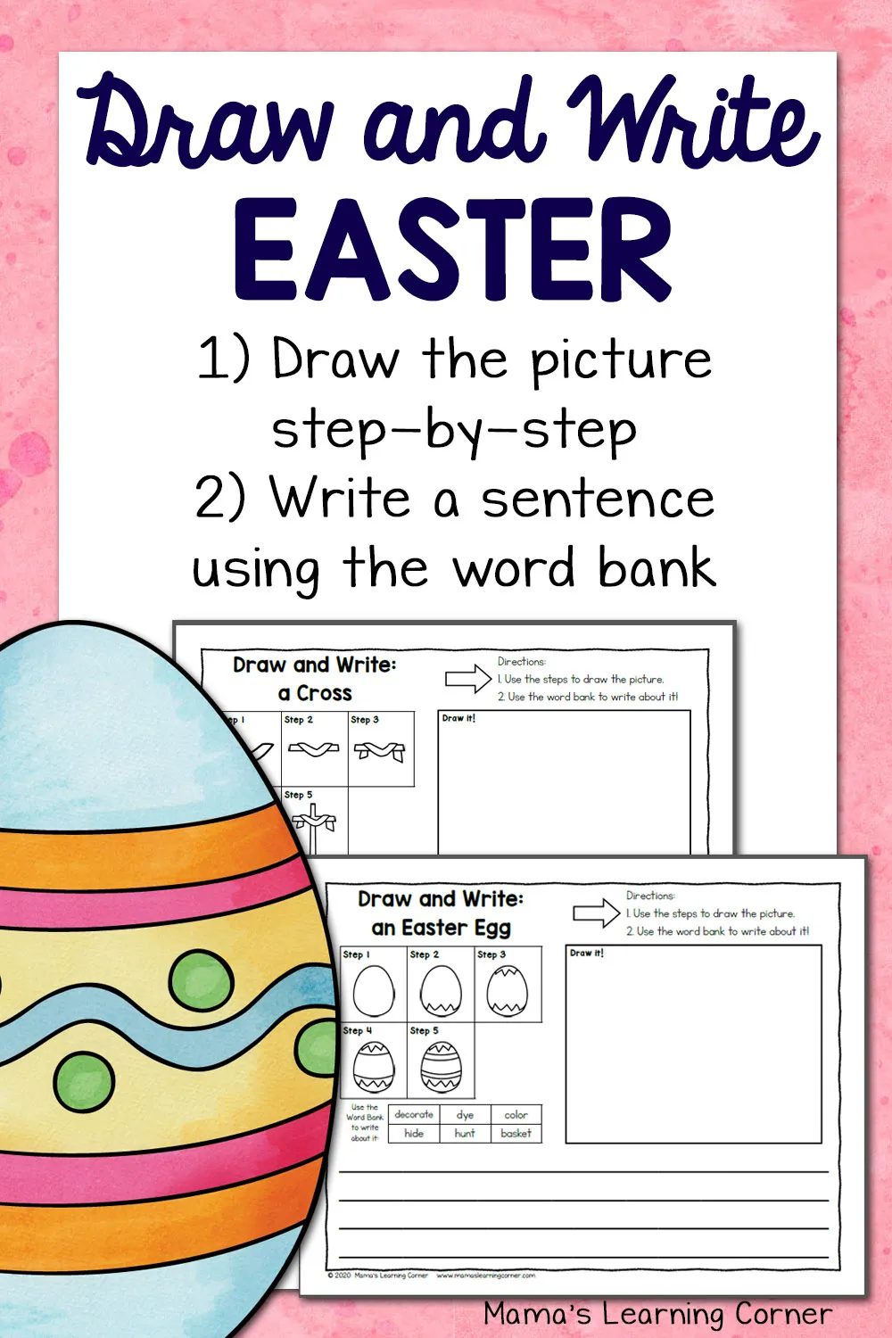 Kindergarten student drawing an Easter illustration on a worksheet with writing lines below