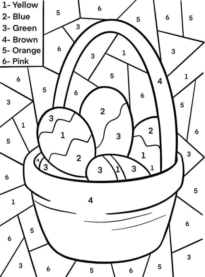 Kindergarten color by number worksheet featuring an Easter egg basket for geometry practice