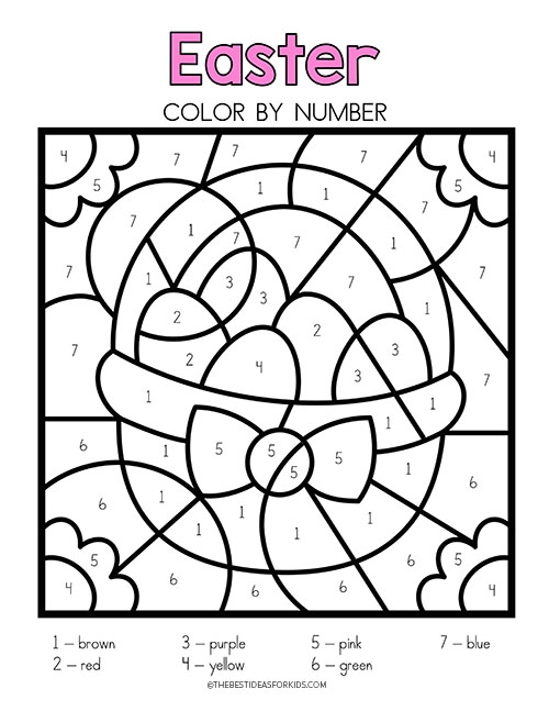 Kindergarten color by number worksheet featuring an Easter egg design for grammar and mechanics practice
