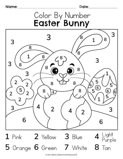 Color by number worksheet featuring Easter eggs for kindergarten students