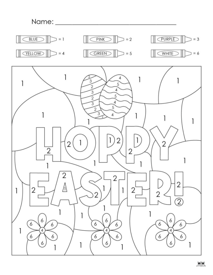 Kindergarten color by number worksheet featuring an Easter egg design for grammar and mechanics practice