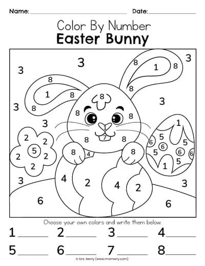 Easter Color By Number Page 21 with Bunny and Eggs for Kids A bouncing bunny spreads colorful Easter eggs across the countryside in this fun color by number activity for kindergarten students