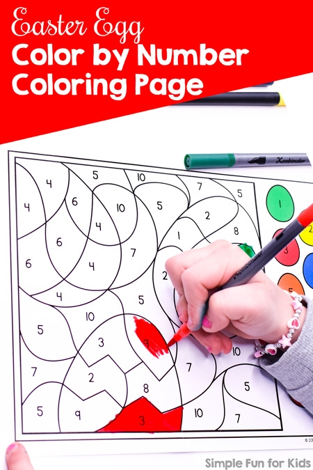Kindergarten Easter egg color by number worksheet featuring a decorative patterned egg design for grammar and mechanics practice