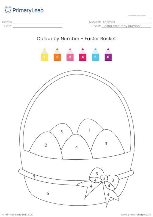 Easter Egg Basket Color by Number worksheet for kindergarten geometry practice