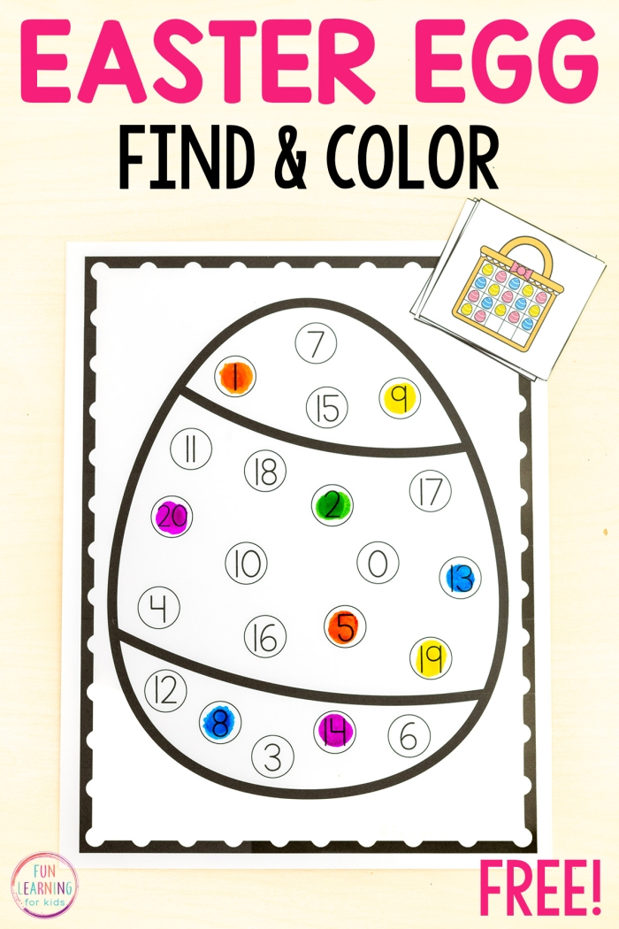 Kindergarten color by number activity page featuring decorated Easter eggs for grammar and mechanics practice