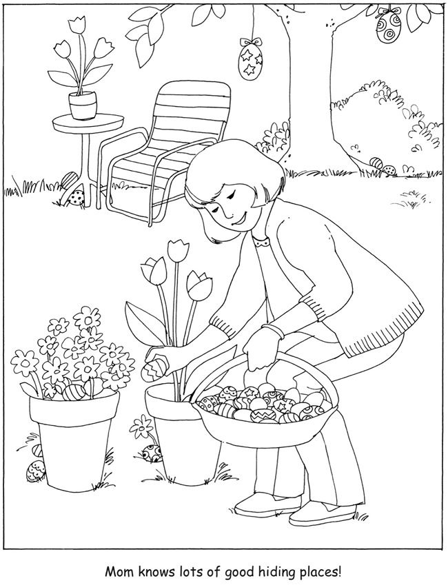 Kindergarten student coloring worksheet featuring a hidden Easter egg hunt scene