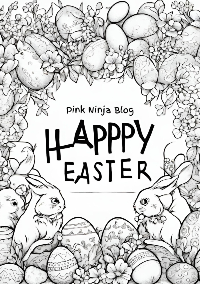 A kindergarten student coloring Easter eggs hidden throughout a fun hunt scene with spring flowers and grass