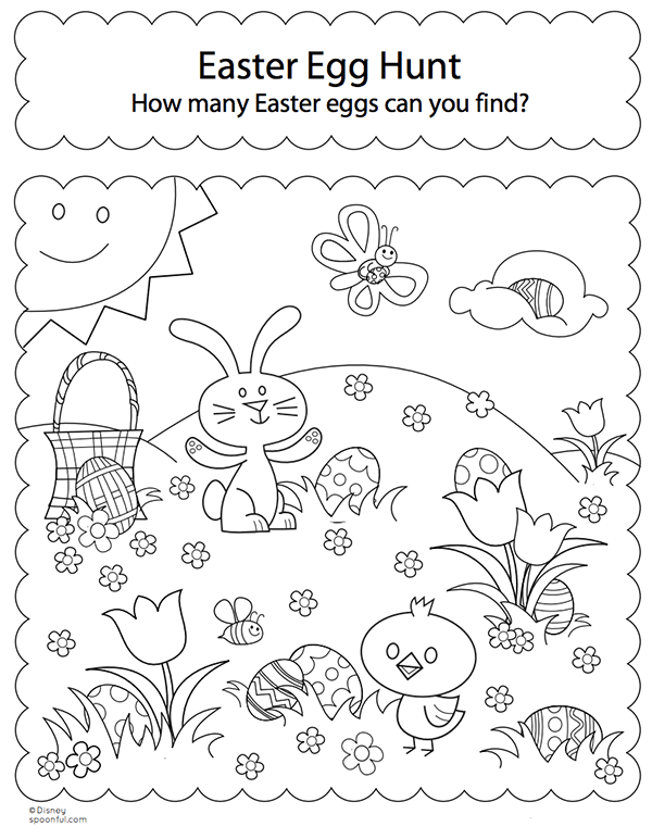 Kindergarten students coloring and finding hidden Easter eggs on a worksheet activity page