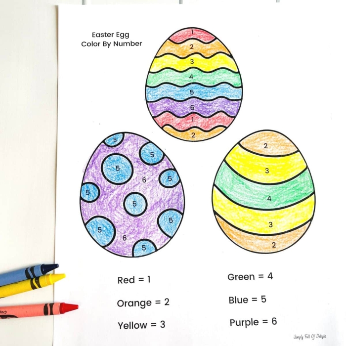 Color-by-number Easter egg basket worksheet for kindergarten geometry practice