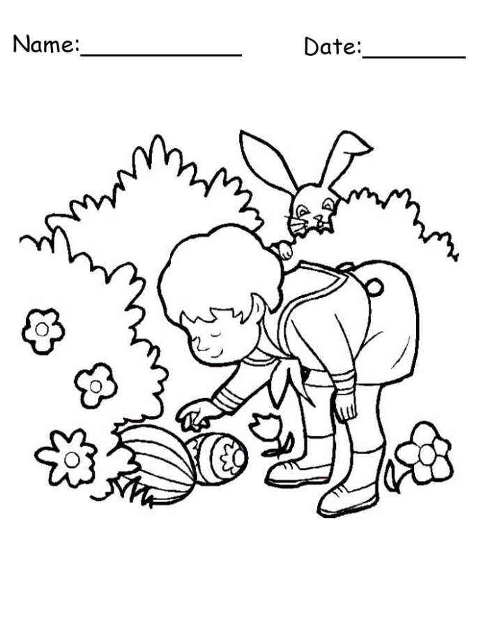 A kindergarten Easter egg hunt coloring worksheet with hidden eggs scattered throughout the page for children to find and color