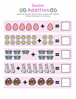 Kindergarten student practicing basic math skills with an Easter Picture Addition worksheet