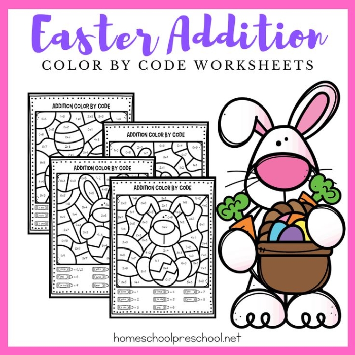 Easter Picture Addition worksheet featuring a cute bunny for kindergarten math practice