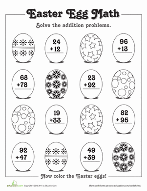 Easter addition practice worksheet for kindergarten featuring colorful picture equations