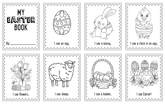 Kindergarten student completing an Easter mini-book worksheet with colorful holiday pictures and simple text